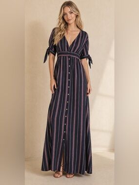 Blues & Greys Striped Maxi Dress Tie sleeves Size MED EUC